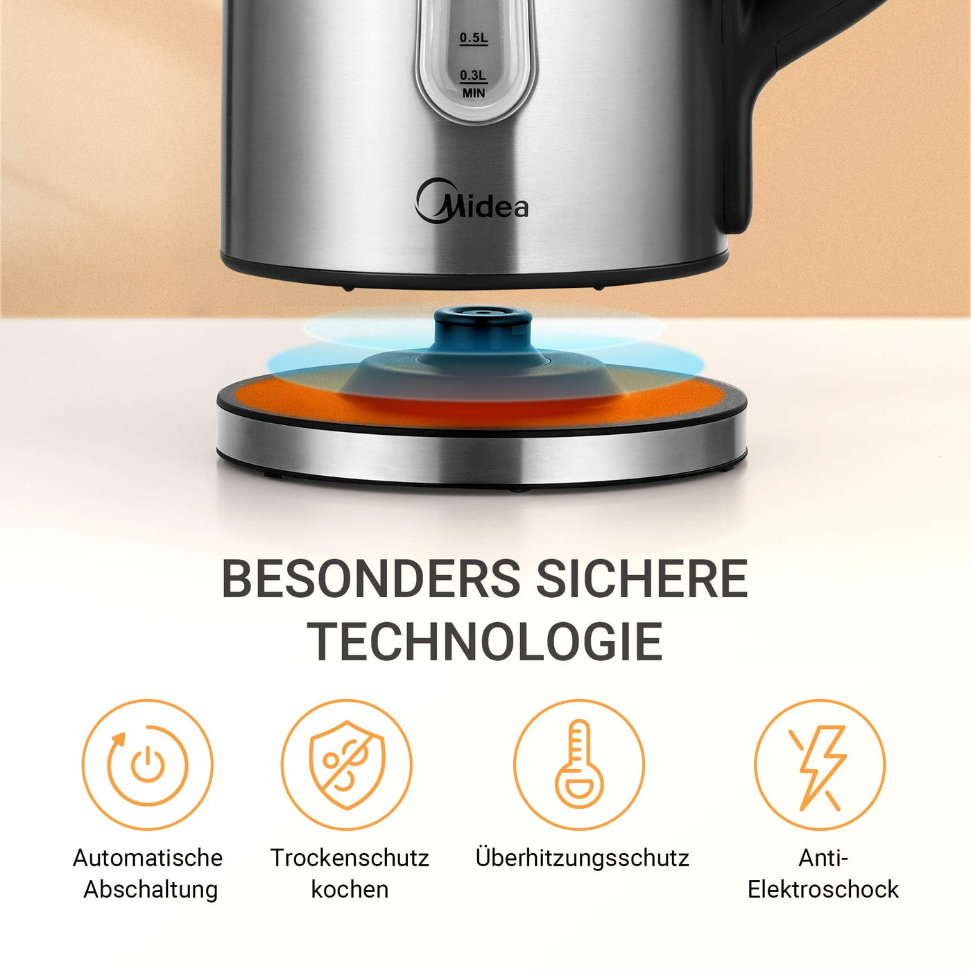 Midea Wasserkocher mit Temperatureinstellung (40, 60, 70, 80, 90, 100 Degree C),Edelstahl 1,7 Liter,Kettle 2200W mit Sichtfenster, Warmhaltefunktion für 60 Min