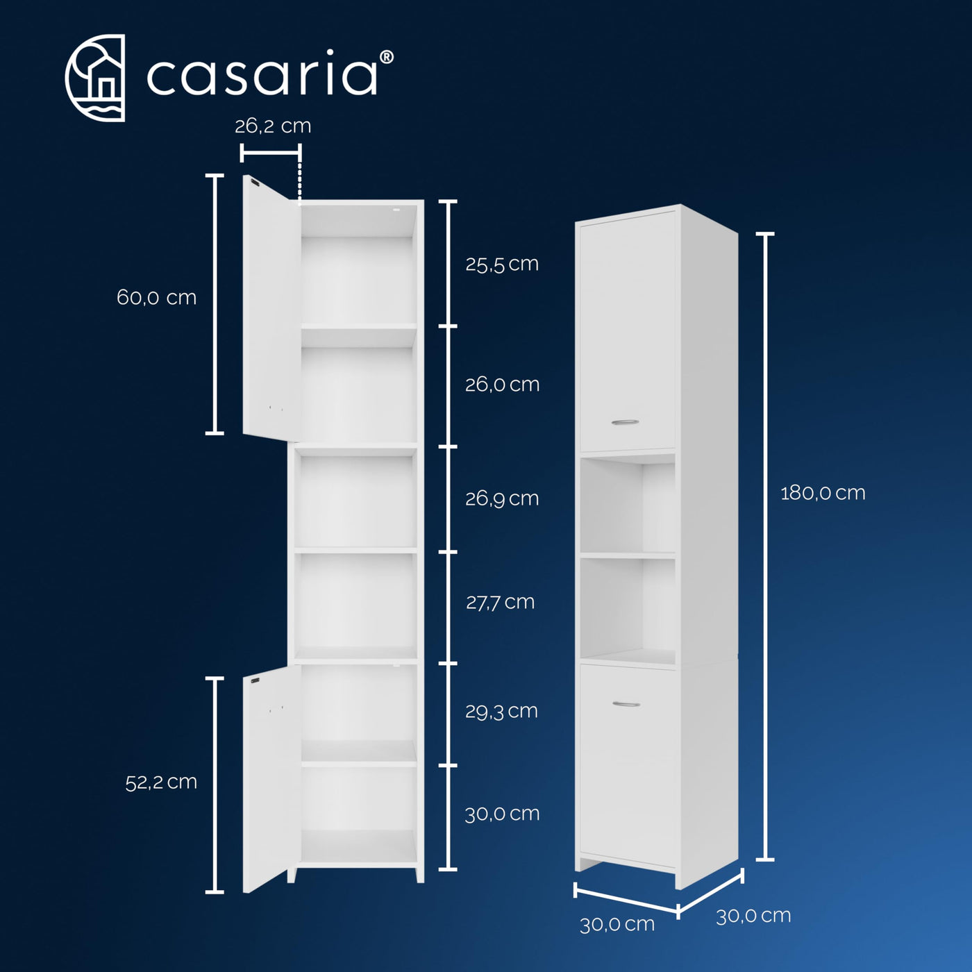 Casaria® Badezimmerschrank 30cm breit Hochschrank 6 Fächer verstellbar 2 Türen mit Magnetverschluss stehend Bad Regal Badmöbel schmal Holz Weiß