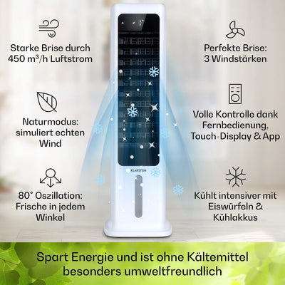 Klarstein Luftkühler mit Wasserkühlung, 4-in-1 Verdunstungskühler, Luftreiniger, Luftbefeuchter & Ventilator, Mobile Klimageräte Luftkühler 6L, 60W Air Cooler mit App-Control, 450m³/h Luftstrom