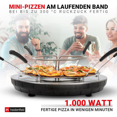 Heidenfeld Pizzaofen Pizzachef | Platz für 6 Personen - Elektrischer Pizza Ofen - 1100 Watt - Raclette Backofen mit Tonhaube - Pizzamaker inkl. Pizzaschaufeln - Stahlplatte mit Haltegriff (Terracotta)