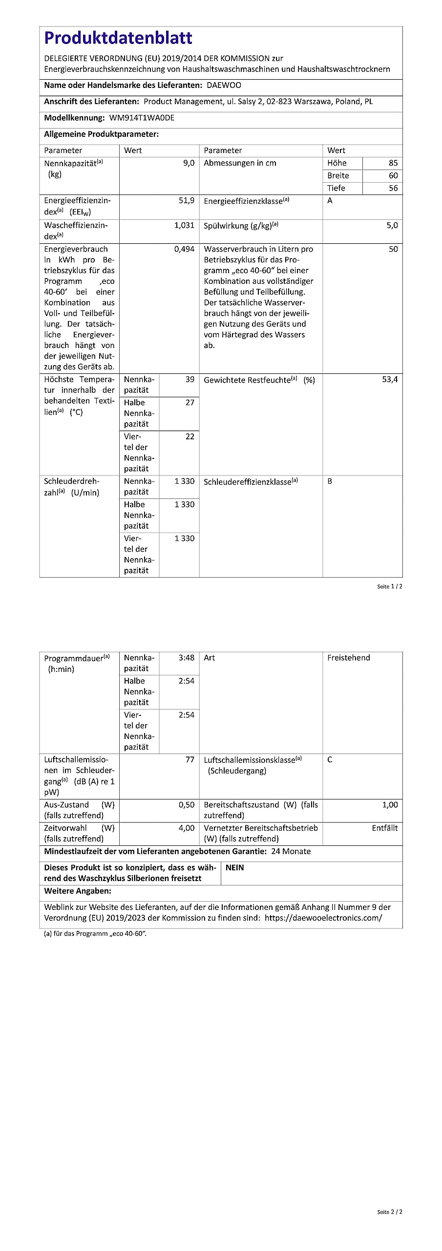 Daewoo WM914T1WA0DE Waschmaschine Frontlader, 9 kg, 1400 U/min, Advanced Inverter Motor, 15 Programme inkl. 15 min Kurzprogramm, AquaStop, Weiß