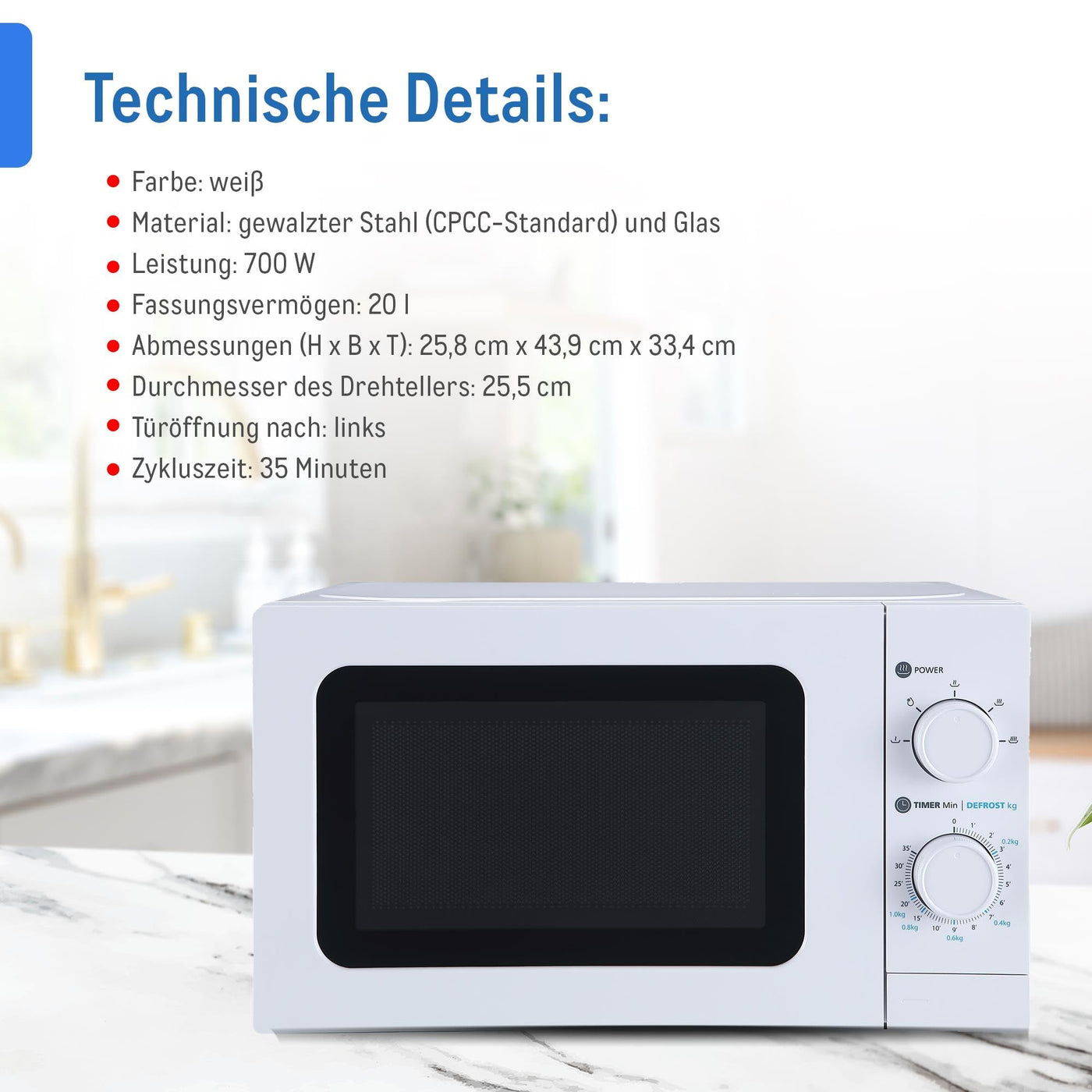 aro Mikrowelle MW10720, Stahl-SPCC, 43.9 x 33.4 x 25.8 cm, 20 L, 700 W, 5 Programme, Timerfunktion, Drehteller-Ø: 25.5 cm, weiß