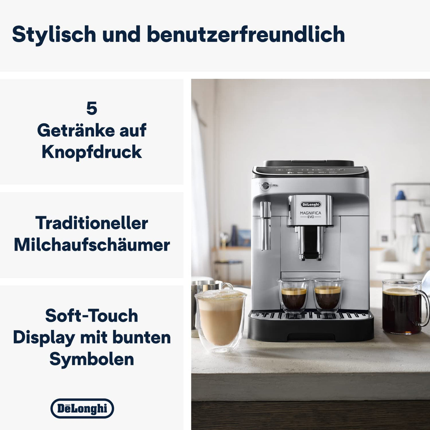 De'Longhi Magnifica Evo ECAM 292.33.SB Kaffeevollautomat mit Milchaufschäumdüse, 5 Direktwahltasten für Espresso,Kaffee und Kaffeespezialitäten, intuitives Bedienfeld,2-Tassen-Funktion,Silber/Schwarz