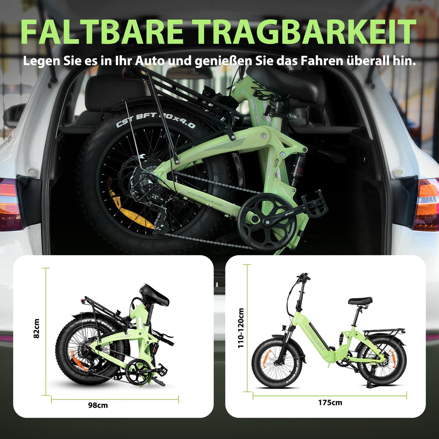 Bodywel F20Pro 4.0 Fat E Bike 250W Elektrofahrräder 48V 15.6AH Akku hydraulischer Bremsen Volle Federung APP Funk City tiefeinsteiger E Bike Damen Herren (Schwarz)