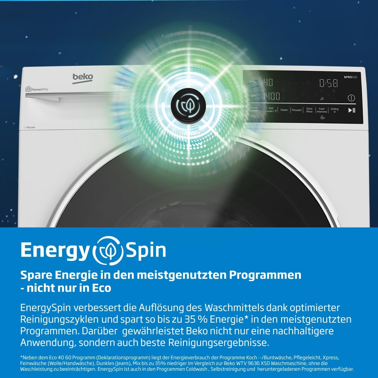 Beko BM3WFU4841W Waschvollautomat, Waschmaschine, 8 kg, EnergySpin, Schleuderwahl 1400 U/min, Dampffunktion, allergikergeeignet, Nachlegefunktion, AquaWave Schontrommel, Weiß