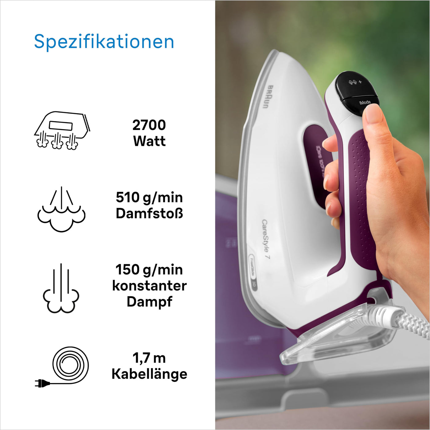 Braun CareStyle 7 IS 7266 VI Dampfbügelstation, FreeGlide 3D Bügelsohle, iCare-, iMode- & Vertikaldampf-Funktion, FastClean, Dampfstoß 550 g/min, Abnehmbarer 2 L Wassertank, 2700 W, Weiss-Violett