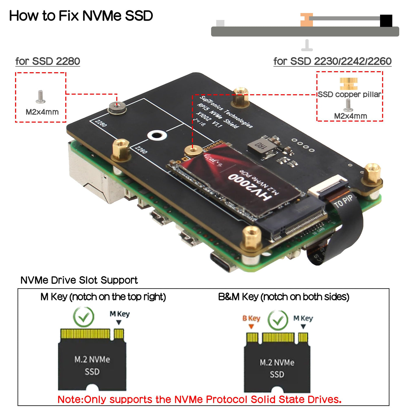 Geekworm X1002 M.2 NVMe SSD Pip PCIe Peripheral Board Bottom Base for Raspberry Pi 5