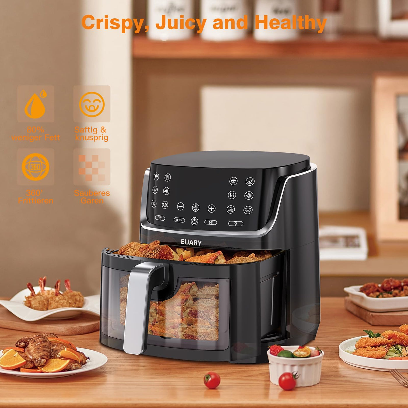 Euary Heißluftfritteuse 8L 1700W XXL Friteuse Heissluftfriteuse Fritteuse Heissluft Ohne Fett mit 12 Programmen Airfryer mit Rezeptbuch auf Deutsch