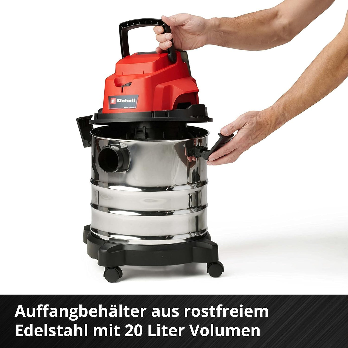 Einhell Akku-Nass-Trockensauger TC-VC 18/20 Li S-Solo Power X-Change (Li-Ion, 18V, Edelstahlbehälter 20 l, Blasanschluss, inkl. Düsen + Filter, ohne Akku und Ladegerät), Schwarz/Rot