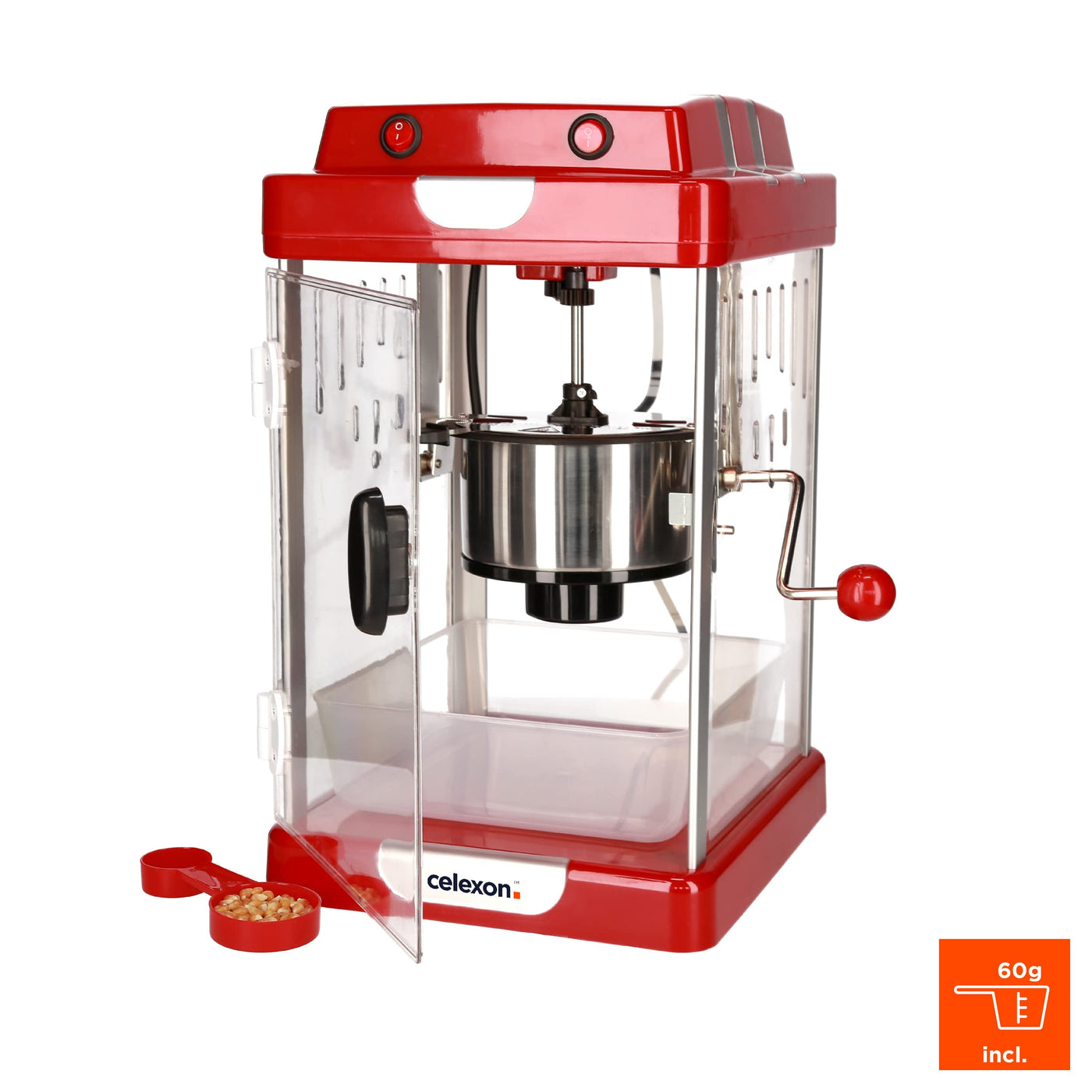 celexon CinePop CP1000 Popcorn-Maschine - 24,5x28x43cm - Rot-Retro/Kino-Design- Edelstahlkessel - Popcorn-Maker mit integriertem Rührwerk