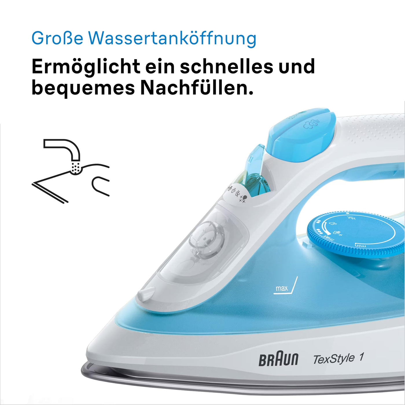 Braun TexStyle 1 Dampfbügeleisen SI 1050BL - Bügeleisen mit SuperCeramic Bügelsohle, Vertikaldampf, 2000 Watt, Blau