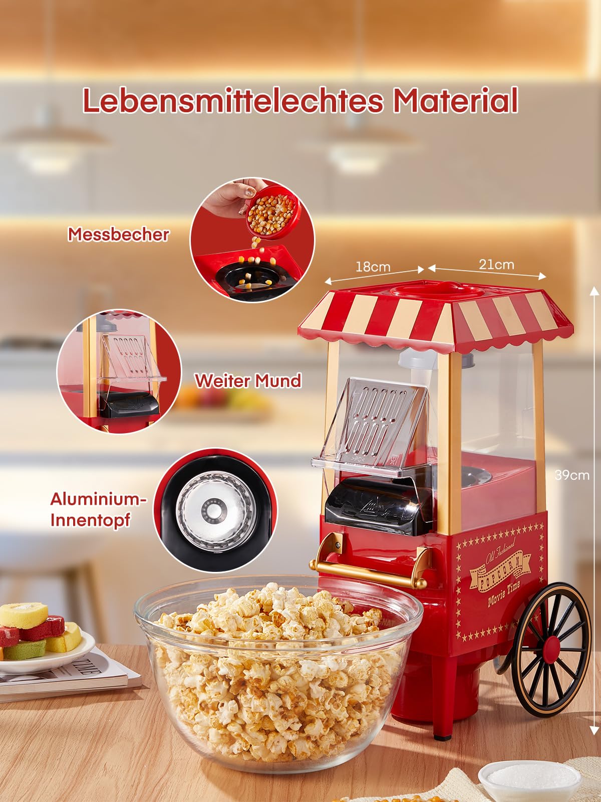 HOUSNAT Popcornmaschine Heissluft - Retro Klein Popcorn Maker -Fettfreies Ölfreies & Gesunder Maïs Snack - 1200W Popcorn Maschine für Zuhause - Filmabend & Weihnachten - Rot