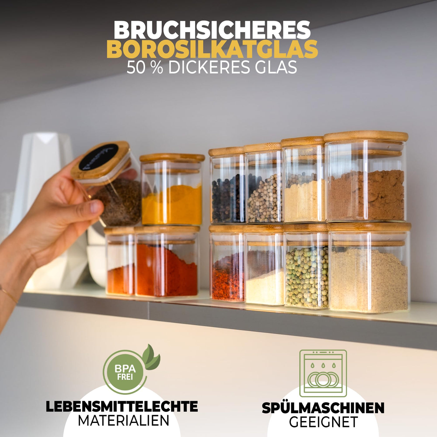 CLIDOR ® Gewürzgläser Eckig - 12 x 160 ml Set - Extra dickes Glas - Stapelbare Gewürzdosen mit Holzdeckel - Gewürz Organizer klein für die Küche - Spice Jars - geeignet als Gewürzaufbewahrung