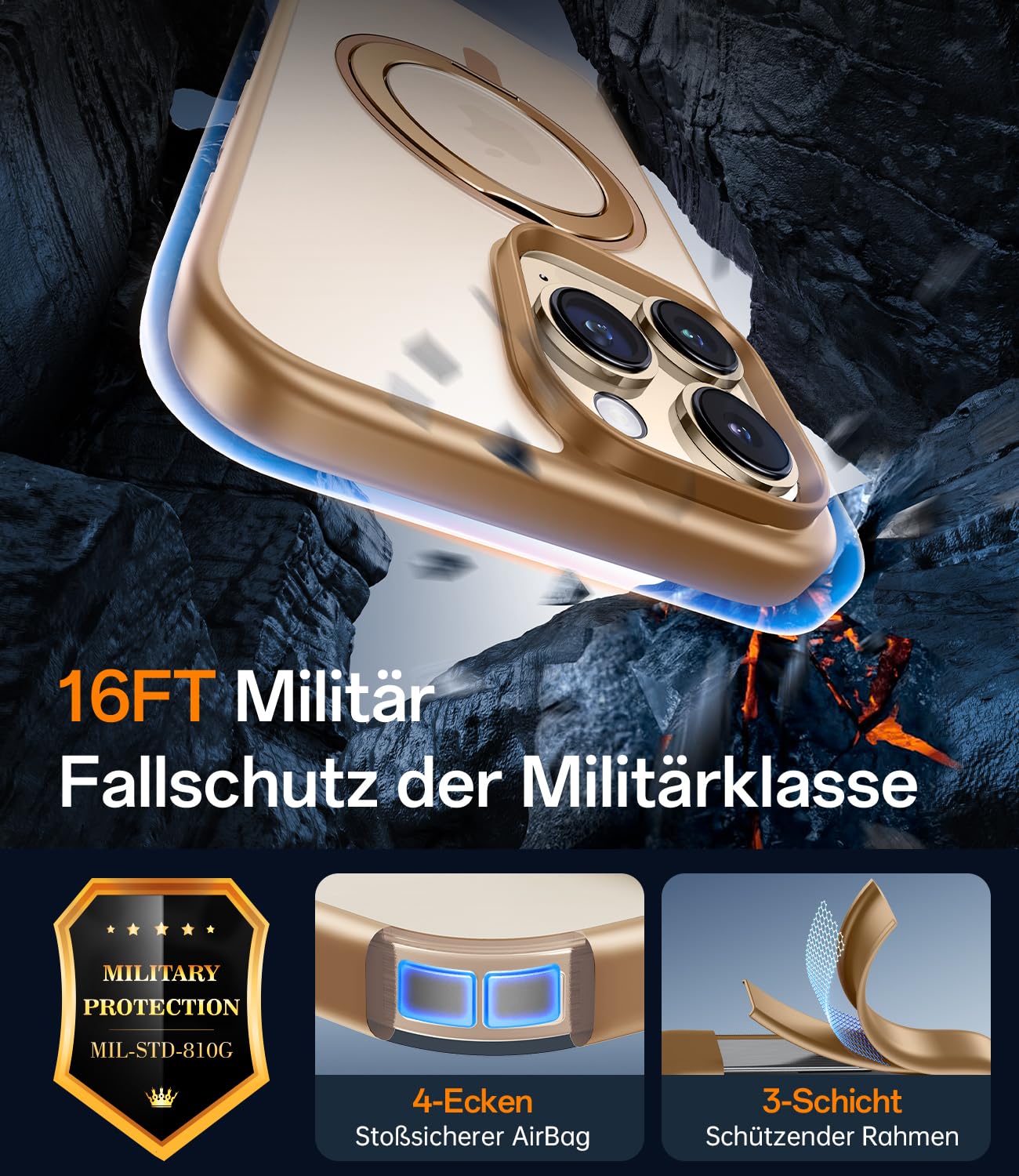 JUESHITUO 360° Magic Stand für iPhone 16 Pro Hülle [Militärschutz] [Unsichtbarer Ständer] Stoßfeste Kratzfeste Schutzhülle Dünne Case Handyhülle für MagSafe Titan Wüstensand