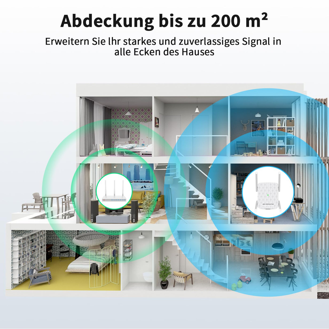 Amplificateur WLAN, répéteur WLAN 1200 Mbit/s double bande 5 GHz + 2,4 GHz, amplificateur WiFi couvre jusqu'à 200 m², répéteur WiFi avec connexion Ethernet, prend en charge WPS, compatible avec tous les appareils WLAN