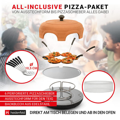 Heidenfeld Pizzaofen Pizzachef | Platz für 6 Personen - Elektrischer Pizza Ofen - 1100 Watt - Raclette Backofen mit Tonhaube - Pizzamaker inkl. Pizzaschaufeln - Stahlplatte mit Haltegriff (Terracotta)