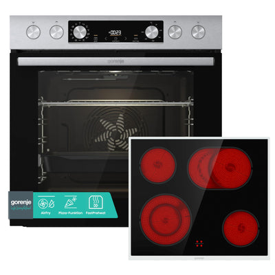 Gorenje Einbauherd-Set Heißluft Inox Set 4 mit Glaskeramik-Kochfeld / 77 Liter / ExtraSteam / GentleClose & Open / EcoClean / AirFry / PizzaMode / PerfectGrill / Teleskopauszüge / Inox-Look