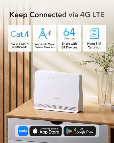 Cudy N300 WLAN-Modem-Router, 4G LTE, Entsperrt, Mit SIM-Kartensteckplatz, 300 Mbit/s, Cat4, Interne High-Gain-Antennen, VPN, Plug and Play, LT400E