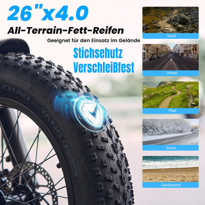 Elektrofahrrad mit 26 x 4.0 Fat Tire für Erwachsene 25km/h 250W Motor,48V 13Ah herausnehmbare Batterie Mountain Ebike Max 100 KM Reichweite,7 Gang Schaltung, Dual Crown Gabel M10 Plus Elektrofahrräder