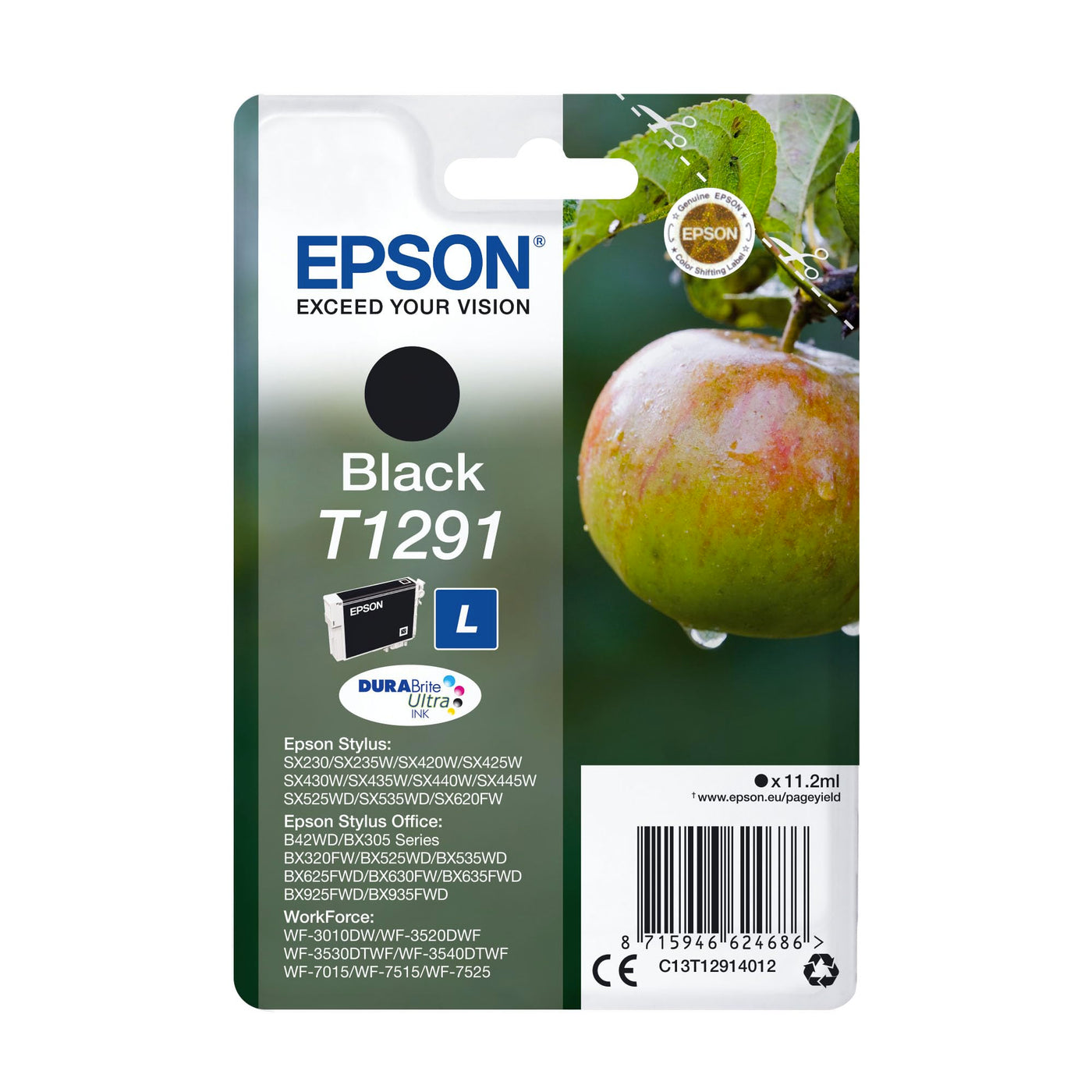 Epson 235M161 Original T1291 Apfel Tinte (SX420W BX320FW SX620FW BX/SX525WD BX625FWD BX305FW B42WD BX925FWD BX635FWD BX535WD SX435/440W BX630FW SX235W WF7015 7515 7525 3010 3520 3540) schwarz, 11,2ml