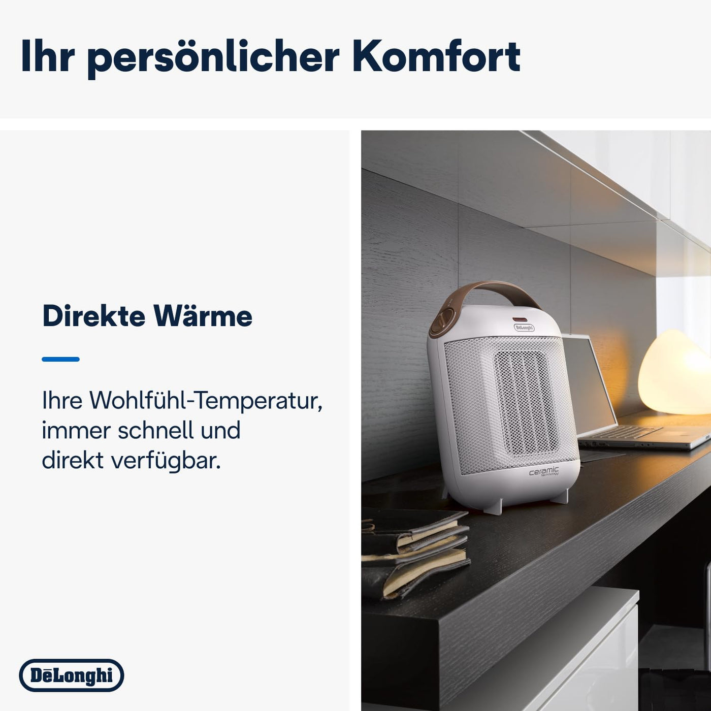 De'Longhi Capsule HFX30C18.IW Keramikheizer – Mobiler Heizlüfter mit 1.800 W, 2 Heizstufen, Anti-Frost-Funktion, für Räume bis 55 m³, Weiß