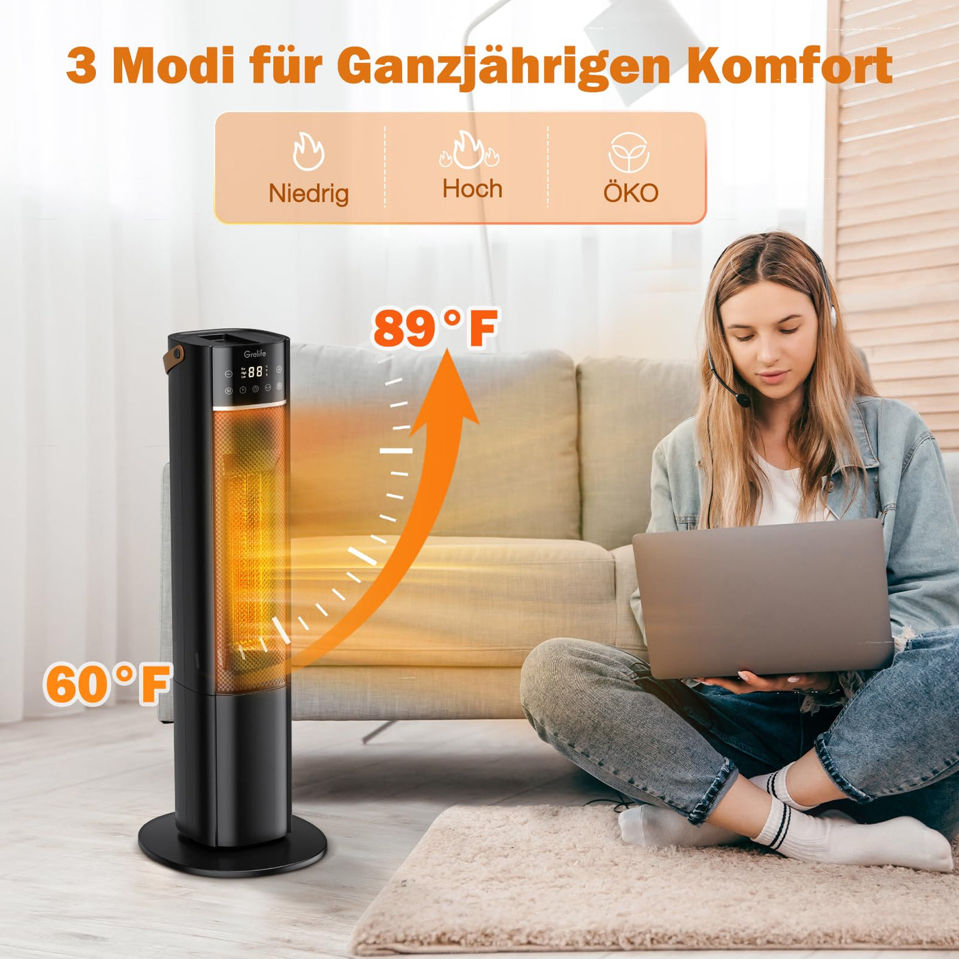 Grelife Heizlüfter Energiesparend 2000W PTC Ceramic Heater mit Fernbedienung 70° oszillierend, 3 Modi, 12 Stunden Timer, Überhitzungs- und Kippschutz tragbar für Schlafzimmer