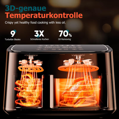 Dual Zone Heißluftfritteuse 2 kammern, Air fryer 9L Separate Antihaftbeschichtung, Airfryer 3L & 6L mit Sync-Finish Funktion, 6-in-1 Kochvorgaben, Touchscreen, Timer-Funktion, Gesunde Friteuse ohne Öl