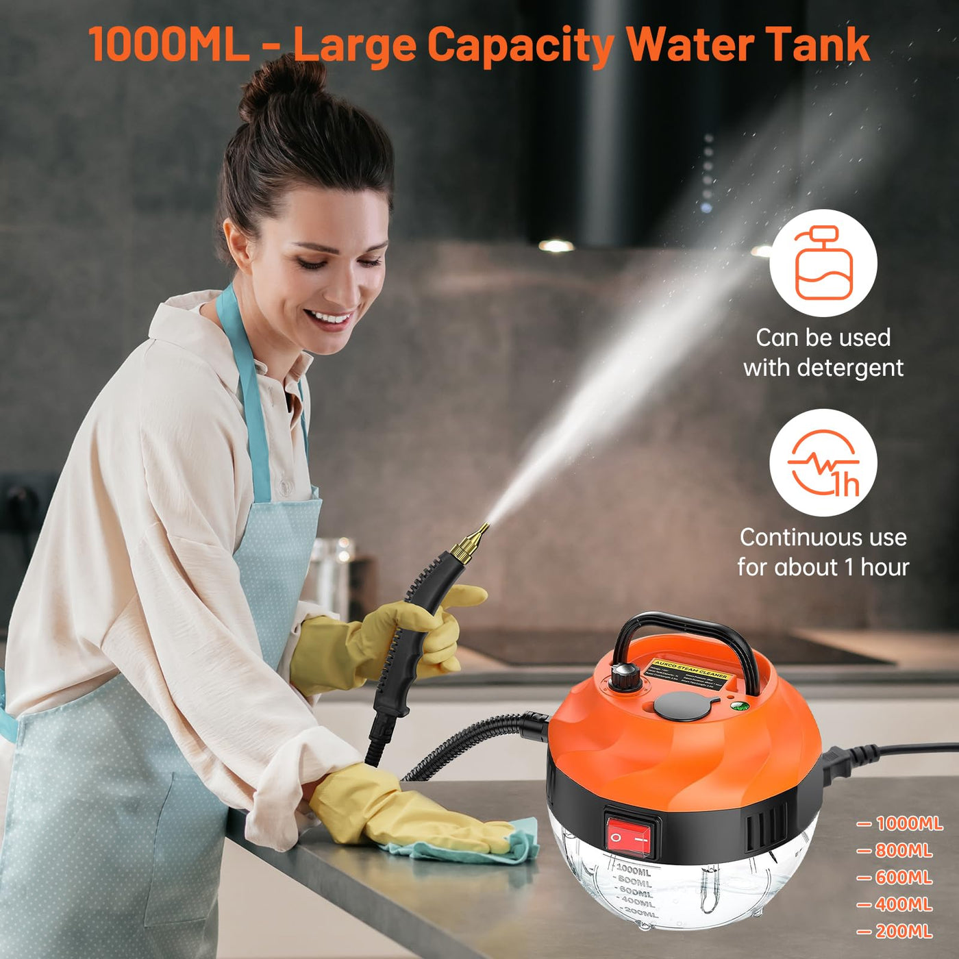 Dampfreiniger 2500W, Dampfreiniger Handgerät mit 6 Geschwindigkeiten Einstellbar und 3 Arten von Bürstenköpfen, 1000ML Großem Wassertank, Dampfreiniger für Alles Küchenmöbel Boden Badezimmer (Medium)