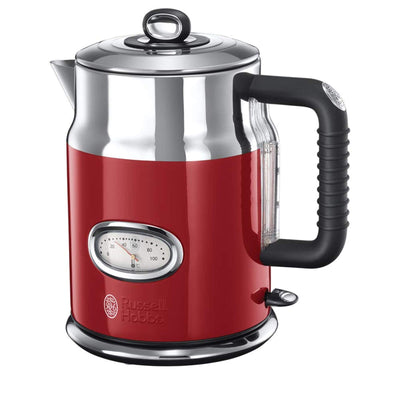 Russell Hobbs Wasserkocher [1,7l, 2400W] Retro Rot & polierter Edelstahl (Schnellkochfunktion, Wassertemperaturanzeige im Retrodesign, außenliegende Wasserstandsanzeige) Vintage Teekocher 21670-70