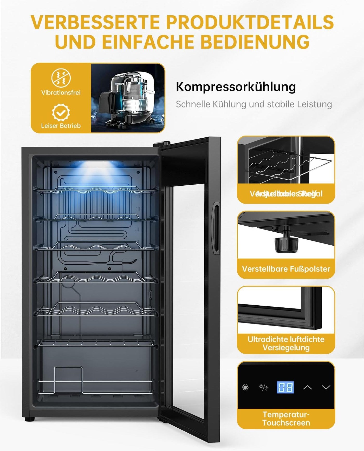 WIE Weinkühlschrank Compressor 82 Liter 28 Flaschen Getränkekühlschrank Kleiner Weinschrank Klein mit Glastür,Vollglas-Designtür mit LED Touchpanel,Anti-UV, Wine Fridge 5-18°C