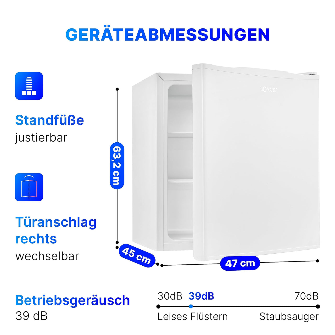 Bomann Mini Kühlschrank mit 58 Liter Nutzinhalt | Kühlschrank klein mit 2 herausnehmbaren Glasablagen | Mini Fridge mit stufenloser Temperaturregelung u. wechselbarem Türanschlag | KB 7347 weiß