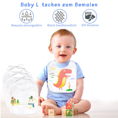 Faburo 12 Stück Baby Lätzchen zum Bemalen, 20 * 24cm Baby Lätzchen aus Baumwolle Doppelseitig mit 14pcs Farbigem Textilstift 5pcs Malen Schablonen für Babyshower Party