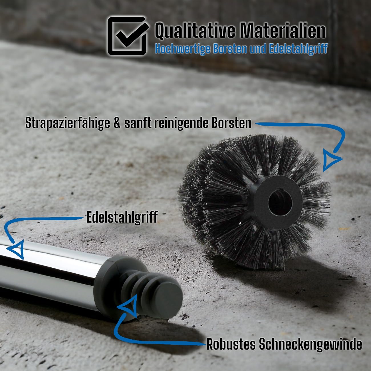 Daloual - 3 x Ersatz WC-Bürstenkopf Schwarz Ø ca. 6,5 cm + 1 x Edelstahl-Griff 26,5 cm - Toiletten-Bürste - Klo-Bürste - WC-Besen - austauschbar - modernes Design - hochwertig - langlebig