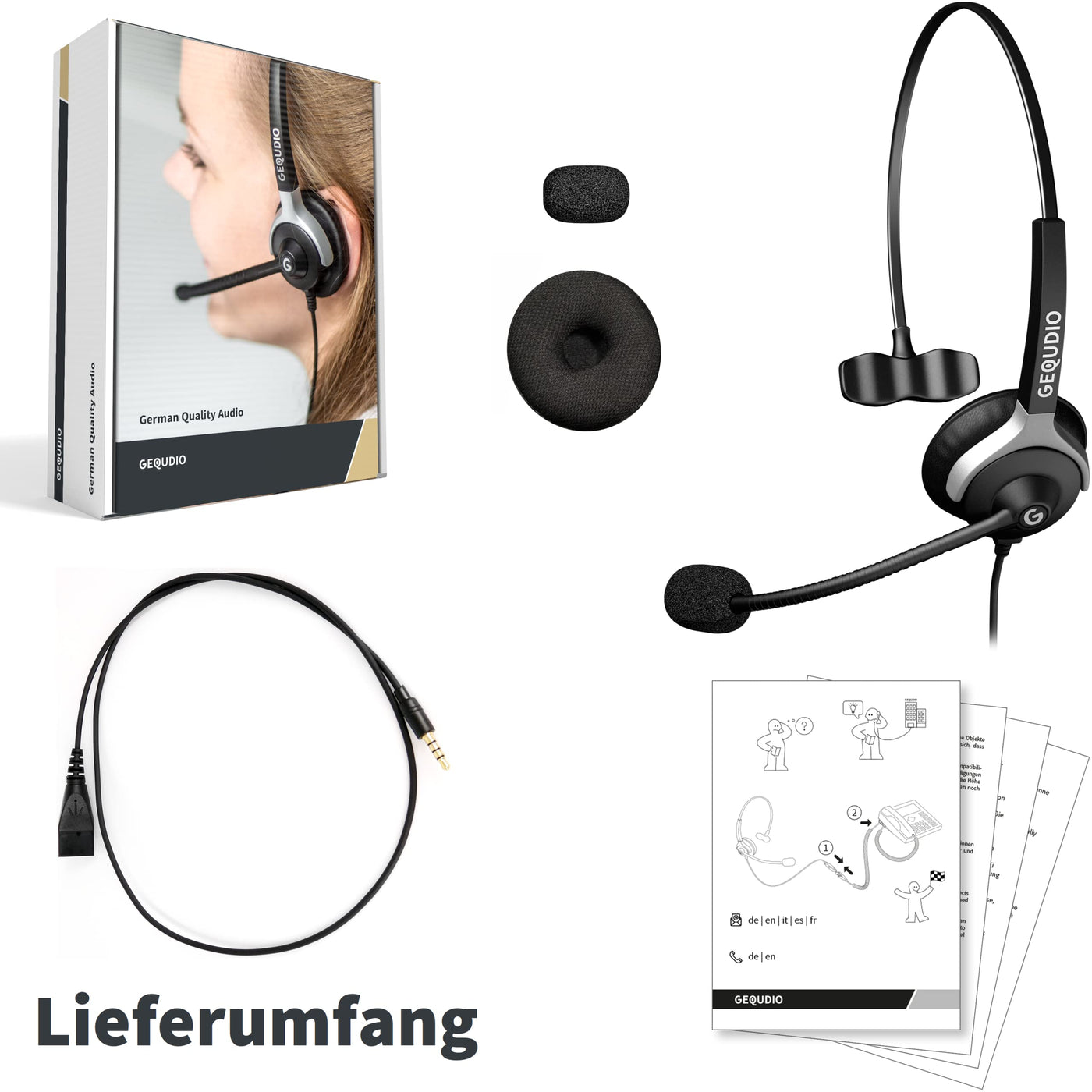 GEQUDIO Headset mit 3,5mm Klinke kompatibel mit FritzFon C6, X6, MacBook, Smartphone, Speedphone, Notebook, PC, Laptop - Kopfhörer & Mikrofon mit Ersatz Polster - leicht 60g (1-Ohr)