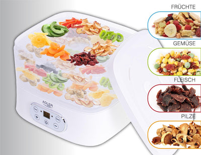 ADLER Küchenminis Dörrautomat, Dörrgerät für Obst, Pilze, Fleisch, Gemüse, Pflanzen, Kräuter & Gewürze - LCD Bedienfeld, 5 Tabletts, Dehydrator, Timer, 550W, Gefriertrockner, kräutertrockner