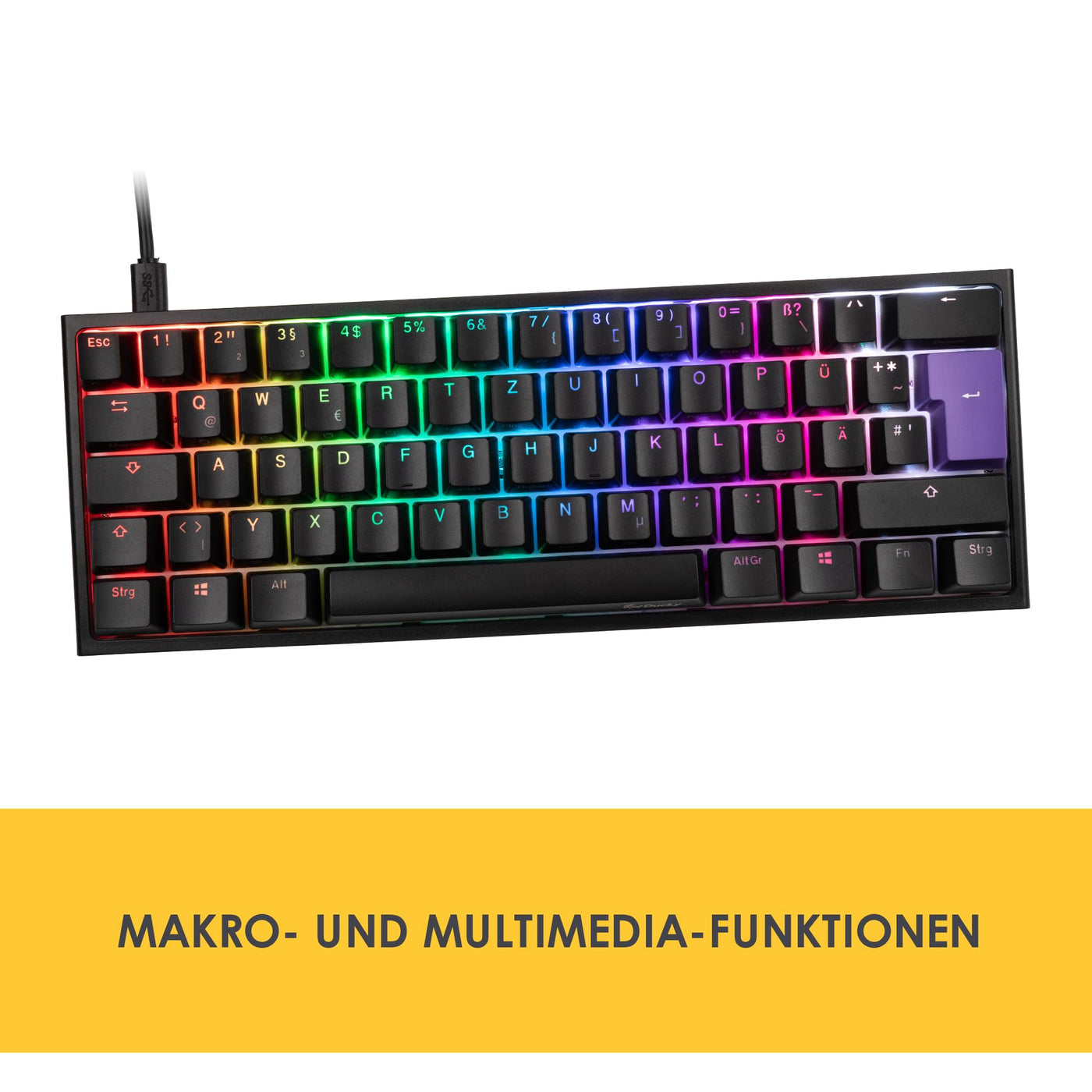 Ducky ONE 2 Mini Gaming Tastatur, RGB-LED Gaming Keyboard, Cherry MX-Brown, Mechanische Tastatur, TLK-Mini-Version 60% Key Layout, Mechanische Tastatur mit USB C Stecker, Abnehmbare Kabel, Schwarz