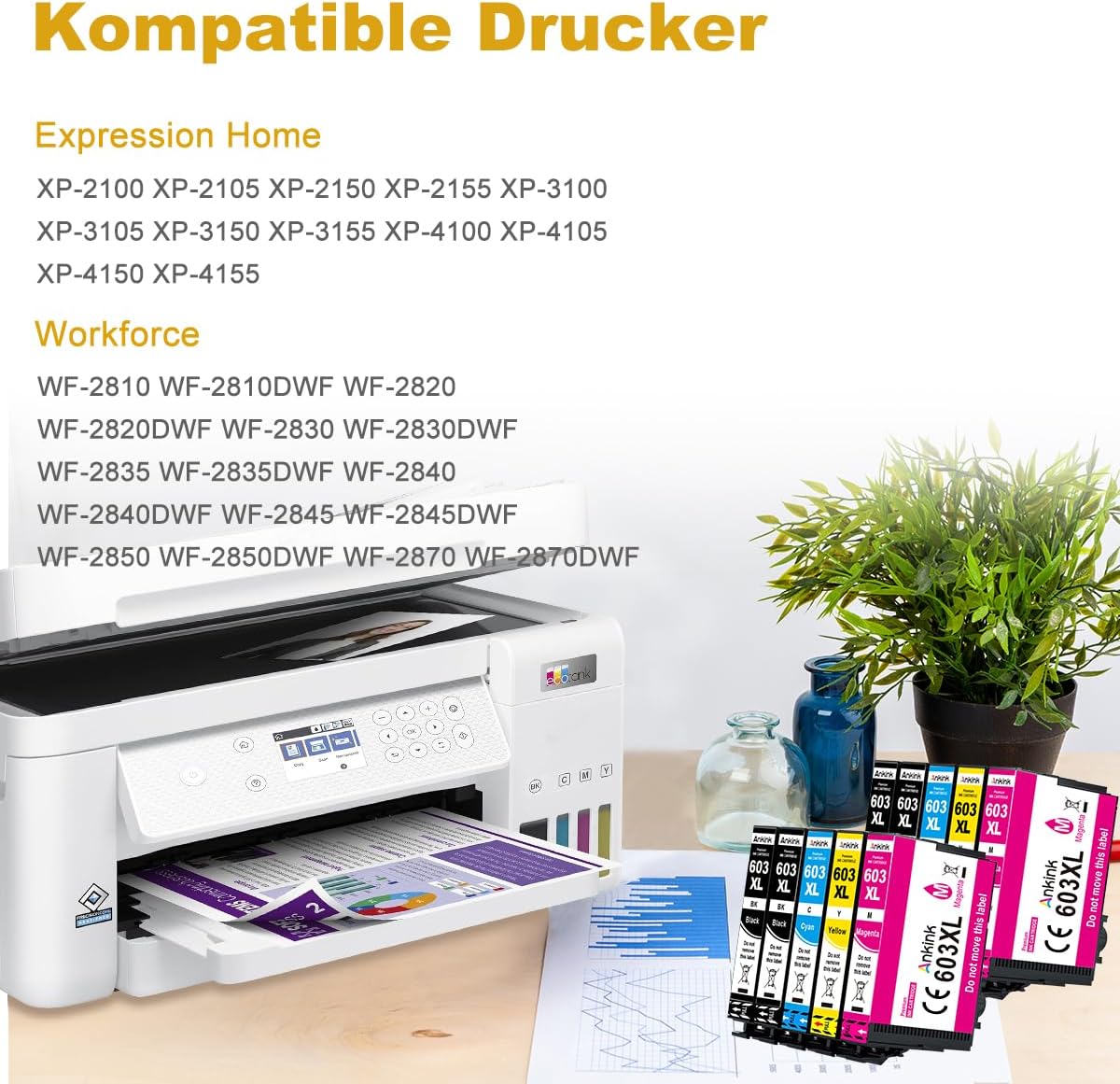 ANKINK Kompatibel Tintenpatrone Druckerpatronen als Ersatz für Epson 603XL für Patrone 603 XL für WF-2820DWF WF-2830DWF WF-2840DWF XP-2100 XP-2150 XP-3100 XP-3150 XP-4100 XP-4150 Schwarz Farbe 10 Pack