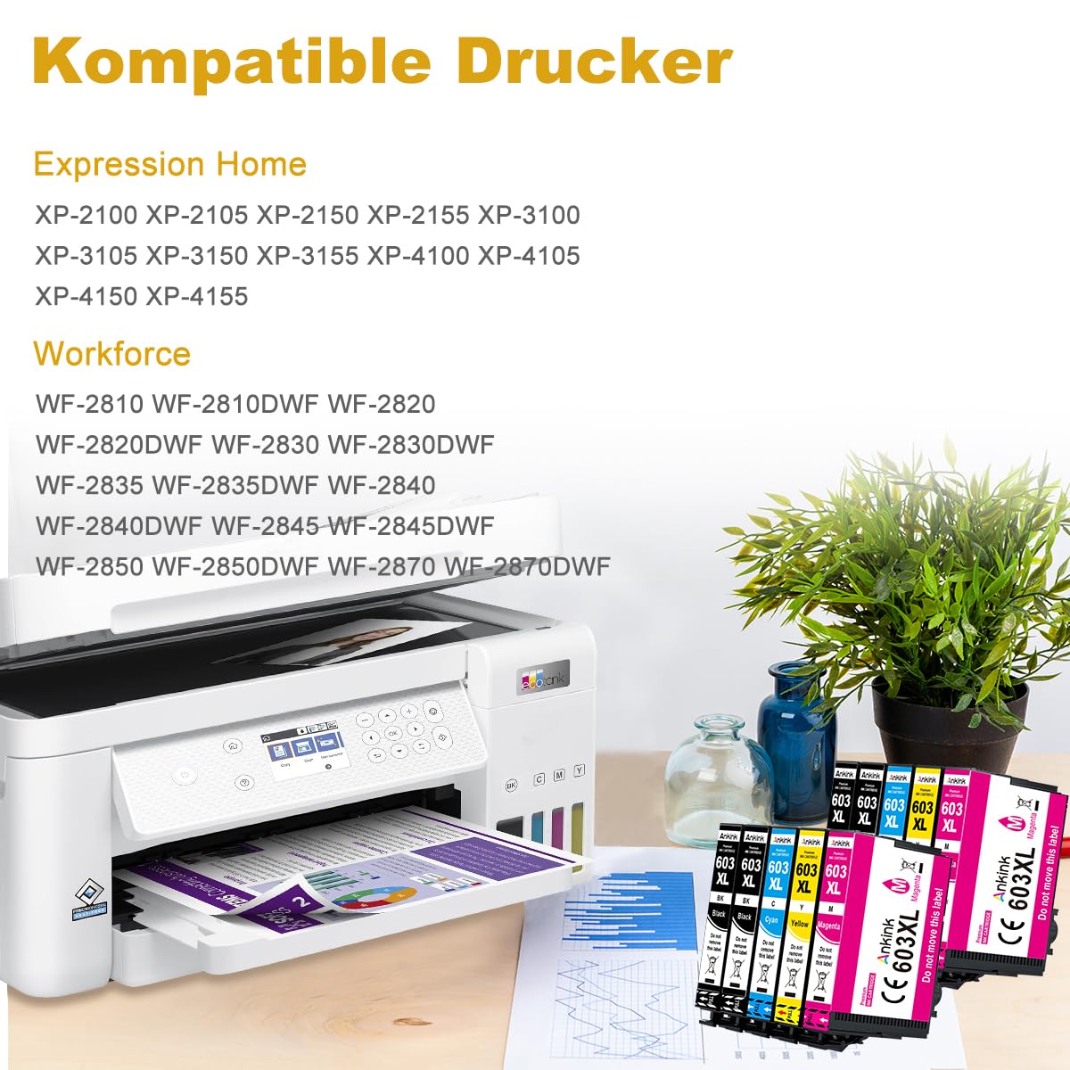 ANKINK Kompatibel Tintenpatrone Druckerpatronen als Ersatz für Epson 603XL für Patrone 603 XL für WF-2820DWF WF-2830DWF WF-2840DWF XP-2100 XP-2150 XP-3100 XP-3150 XP-4100 XP-4150 Schwarz Farbe 10 Pack