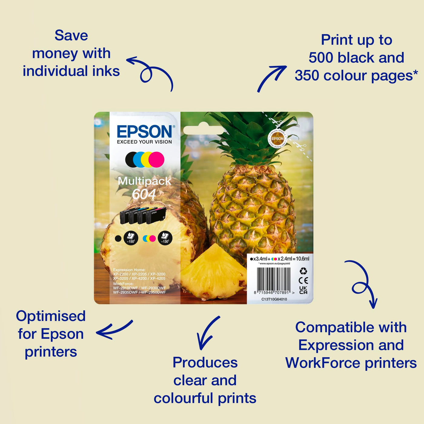 Epson Orginal 604 Tinte Ananas Multipack 4-farbig Standard, XP-2200 XP-2205 XP-3200 XP-4205 WF2910DWF WF2930DWF WF2950DWF, ReadyPrint Flex-Tintentarife