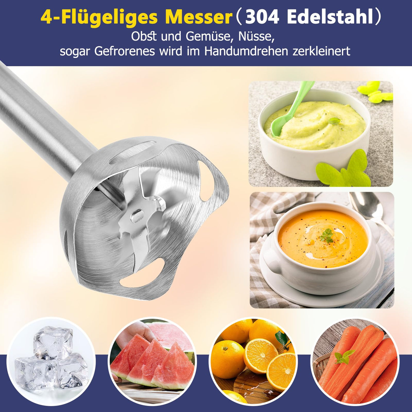 Aigostar Buckle - Stabmixer Set 4 in 1, Pürierstab Edelstahl 1000 W, Rührstab mit 6 Geschwindigkeiten, Zauberstab Mixer mit 600ml Messbecher, 500ml Lebensmittelhacker, 1 Schneebesen.