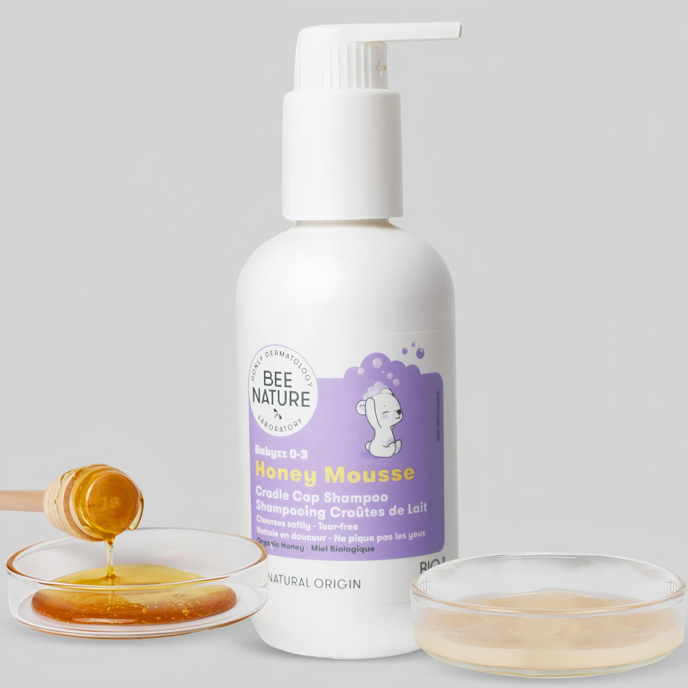 Bee Nature - Baby Shampoo Bio - Milchschorf Behandlung - Tränenfrei - 99.3% Natürlich - Honig Mousse - Geeignet für Neugeborene, Kinder, Erwachsene mit Trockener, Empfindlicher, Ekzem Kopfhaut - 200ml