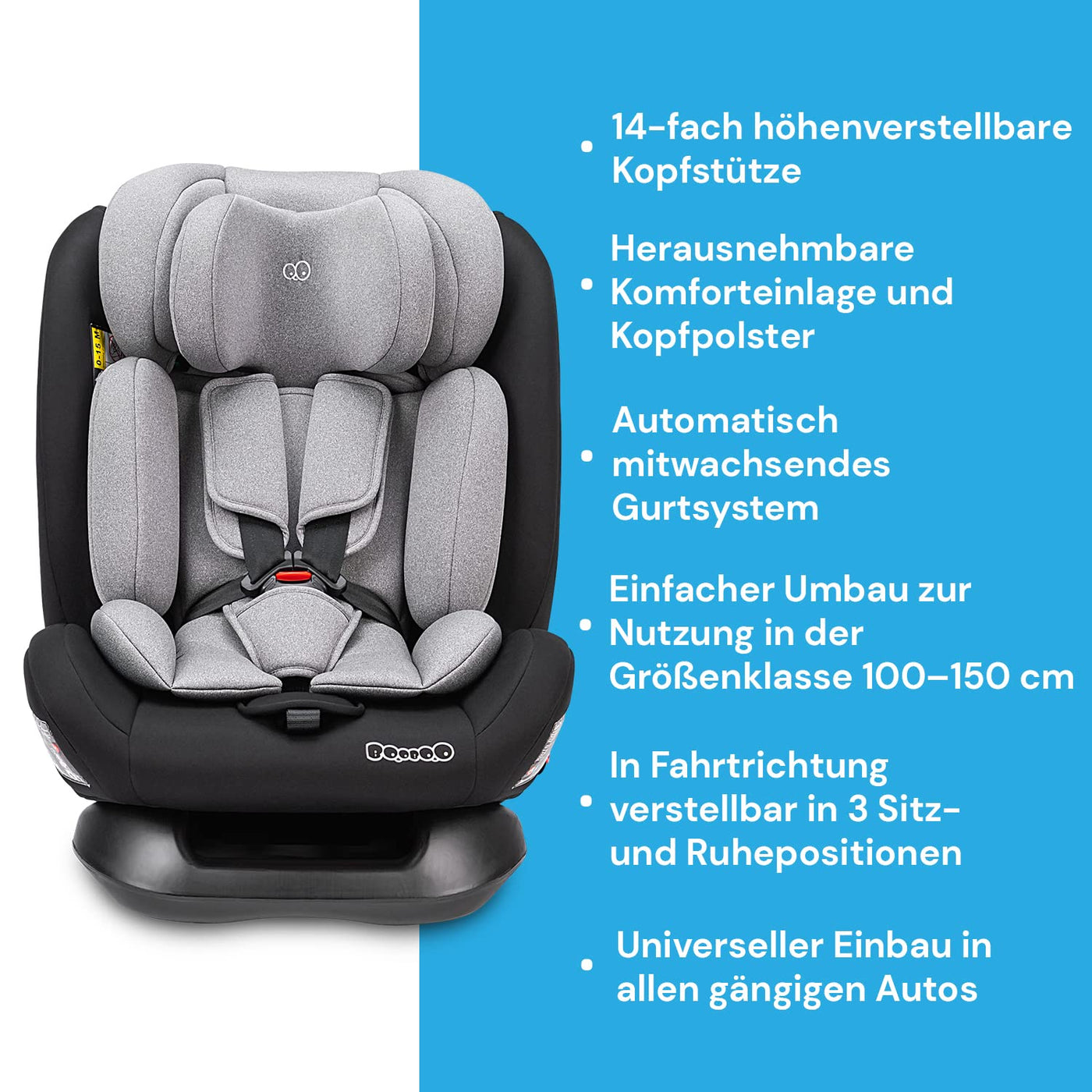 Booboo Safety London Kindersitz ohne Isofix i-Size Reboarder, von 40 bis 150 cm, Baby Autositz- Black Grey