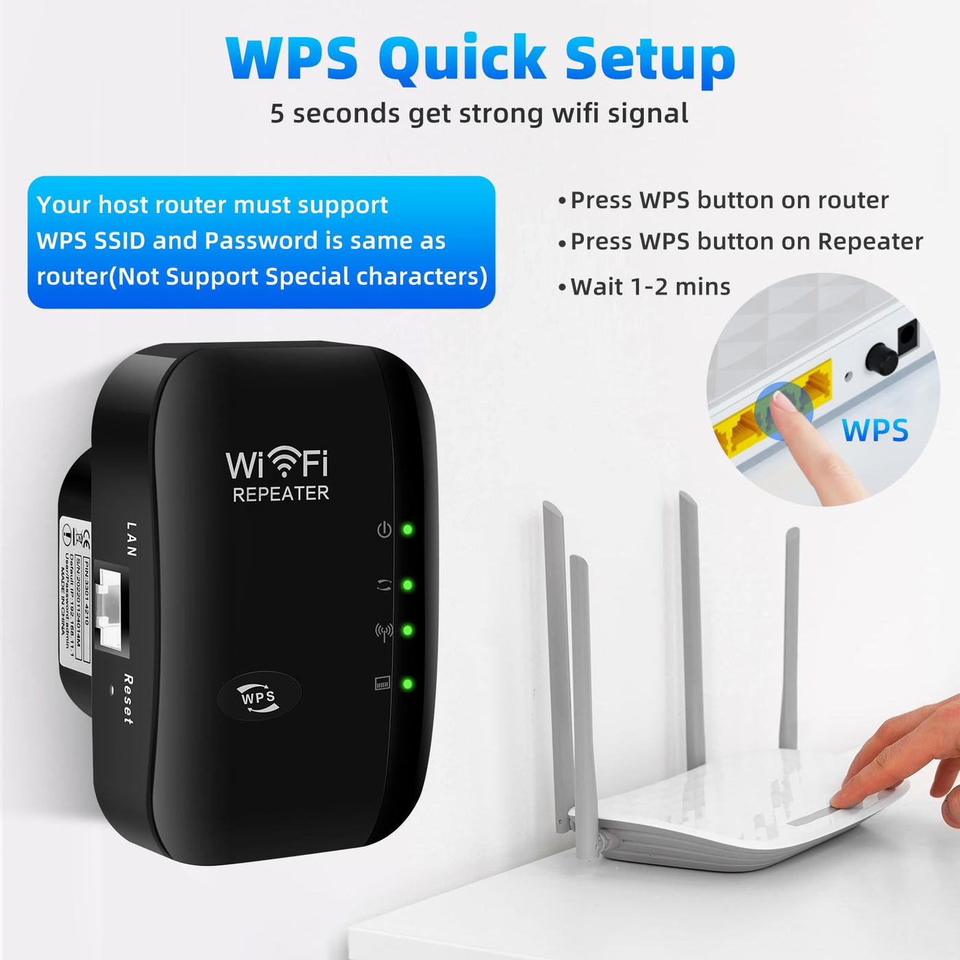 WLAN Repeater mit 300 Mbps - WLAN Verstärker WiFi Extender Booster 2,4GHz WiFi Extender mit Repeater/AP Modus und WPS-Funktion Internet Verstärker bis zu 3000qm und 30 Geräte (schwarz)