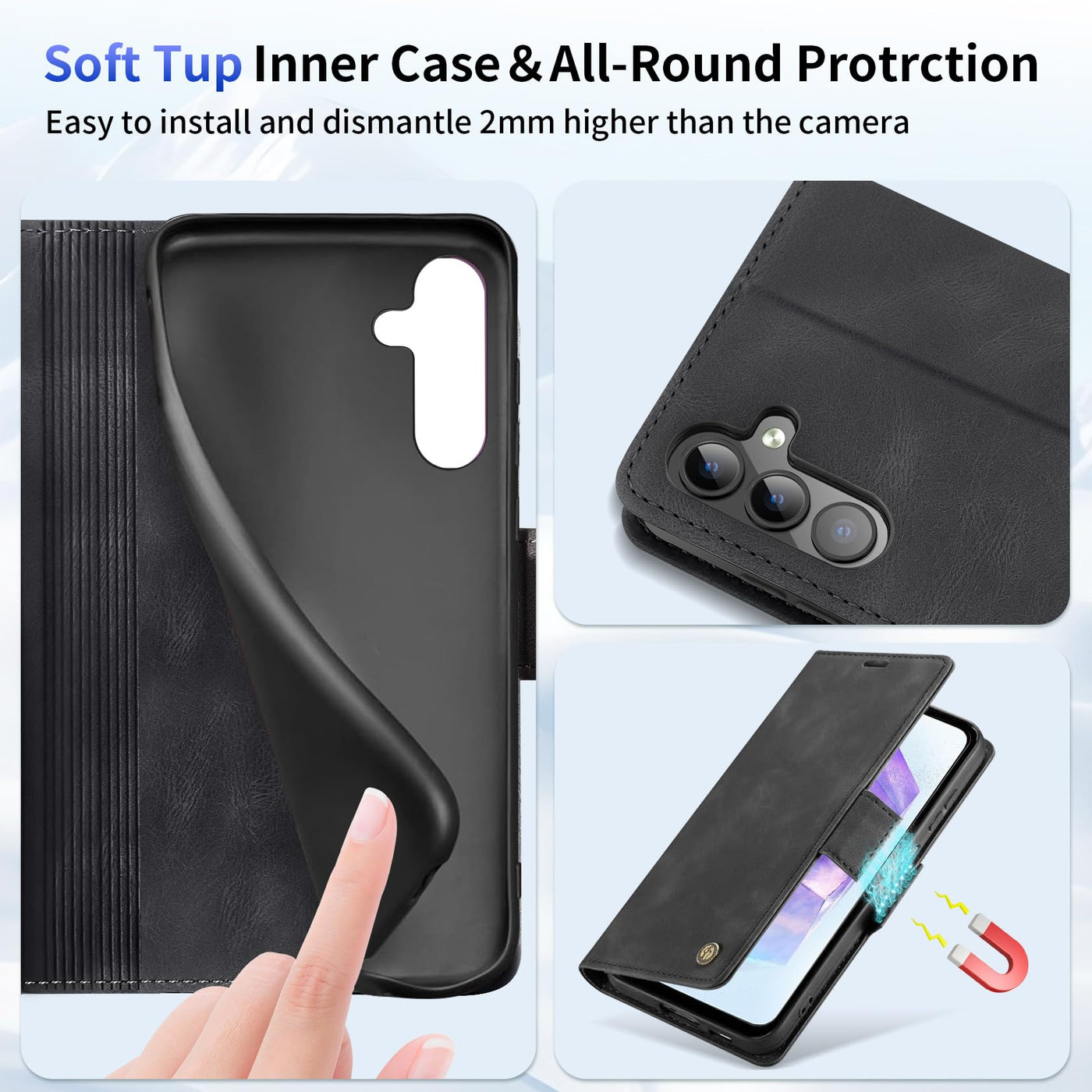 ivencase Handyhülle für Samsung Galaxy A55 5G Hülle mit Schutzfolie, Premium Leder Brieftasche [Klappbar Ständer Kartenfach] Wallet Schutzhülle für Samsung A55 Flip Case Tasche-Schwarz