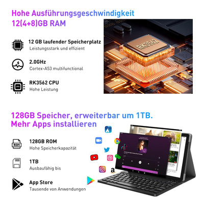 XGODY Tablet 10 Zoll Android 13 Tablet mit Tastatur 2,4G/5G WLAN 4-Core 2,0 GHz | 12 GB RAM + 128 GB ROM (TF 1 TB) | FHD | 5+13 MP Kamera | 7000 mAh | Bluetooth 5.0, Tablet PC – Grau