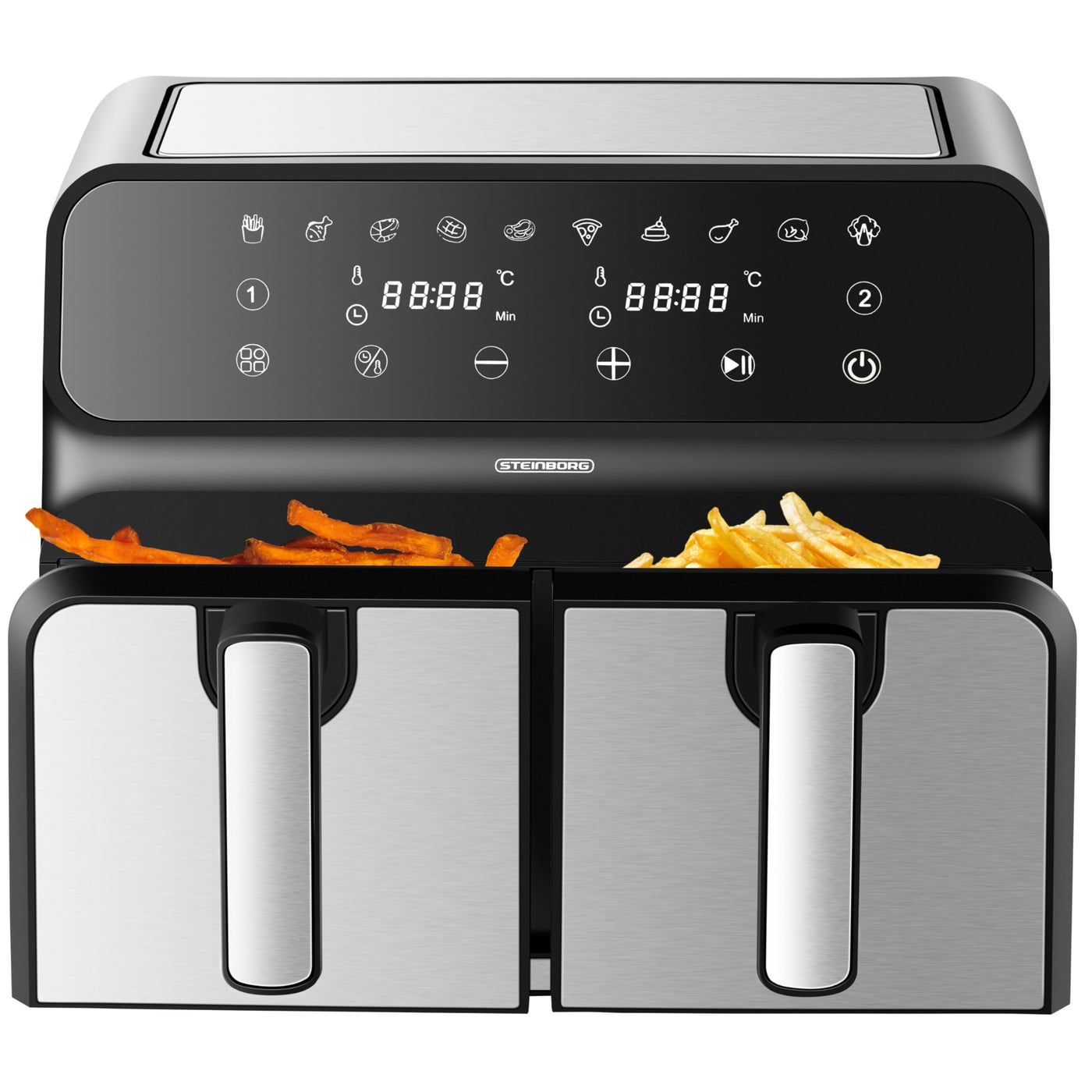 Heißluftfritteuse | 2 Kammern | Heissluftfritteuse | 4 in 1 Mini Backofen | Fritteuse | Dörrautomat | Grillen Backen Dörren Frittieren | Friteuse ohne Öl | Air Fryer | Heißluftofen | Heißluftgrill