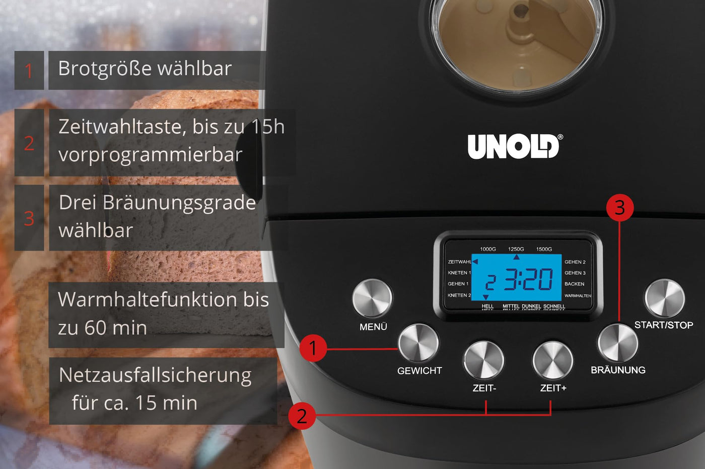 Unold 68525 BACKMEISTER Big Black - Schwarz, für bis zu 1.500g Brot, 15 Programme, auch für glutenfreies Brot, Timerfunktion, Waremhaltefunktion, LCD Display