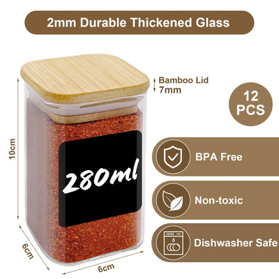 Withosent Vorratsdosen Glas 12er Set, 280ml Gewürzgläser Eckig Holzdeckel, Vorratsgläser Glasbehälter mit Deckel Klein, Stapelbare Gewürzdosen Küche für Gewürze