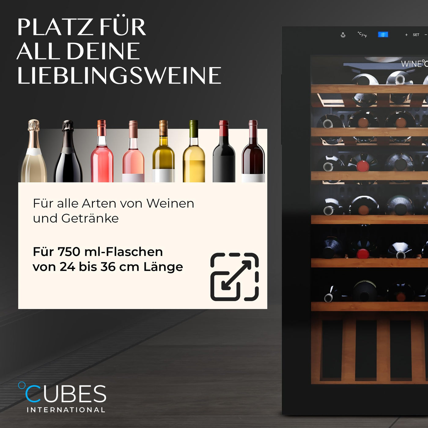 °CUBES Weinkühlschrank 28 Flaschen (90L) mit eleganter Glastür & hochwertigen Regalen aus Buchenholz | 5-18°C, vibrationsarm & leise (40dB) | Weinschrank mit LED Display - Tolles Geschenk