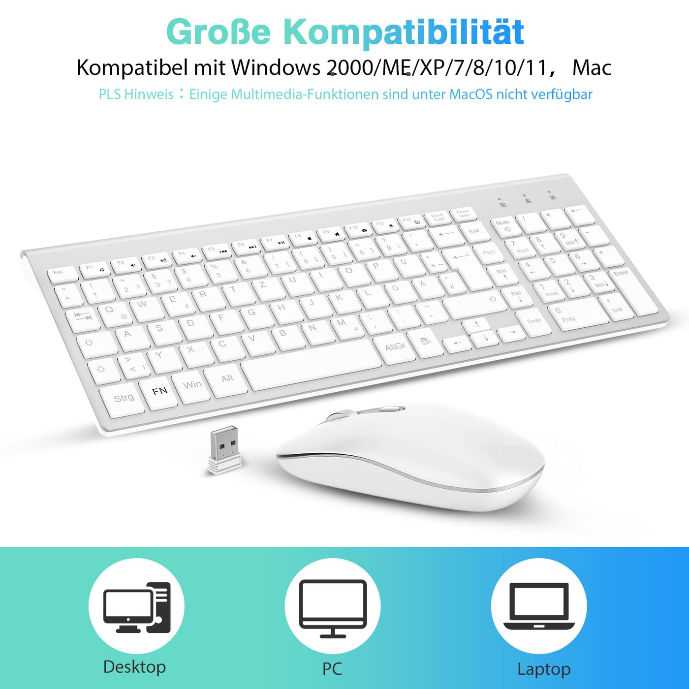 cimetech Tastatur Maus Set Kabellos, 2.4G Ultraslim Kabellose Tastatur mit Funkmaus, QWERTZ Deutsches Layout, 10m Reichweite, für PC, Desktop, Notebook, Laptop, Windows (Silber)